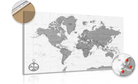 Obrazy na korku Obraz na korku stylová mapa s kompasem v černobílém provedení