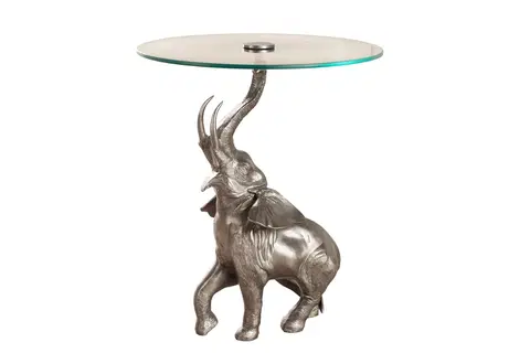 Luxusní a designové příruční stolky Estila Designový vintage příruční stolek Balarama s podstavou ve tvaru slona ve starožitné stříbrné barvě 75 cm