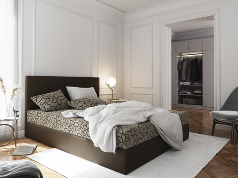 Postele Čalouněná postel CESMIN 160x200 cm, krémová se vzorem/hnědá