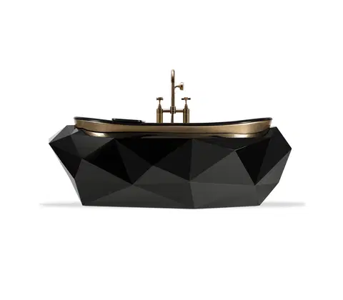 Luxusní a designový koupelnový nábytek Estila Luxusní litinová art-deco vana se základnou ze skleněného vlákna v černé barvě a vysokým kohoutkem 215 cm