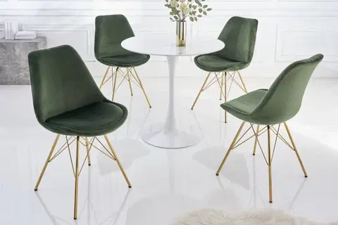 Luxusní jídelní židle Estila Art deco designová jídelní židle Scandinavia s tmavě zeleným sametovým potahem a zlatýma nohama z kovu 86cm