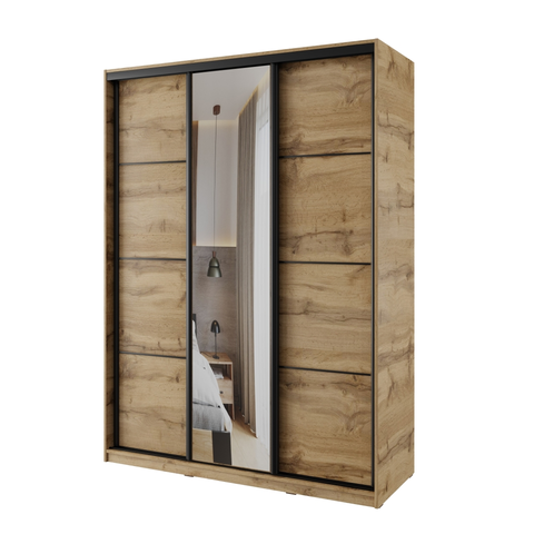 Šatní skříně Šatní skříň NEJBY BARNABA 150 cm s posuvnými dveřmi, zrcadlem,4 šuplíky a 2 šatními tyčemi,dub wotan