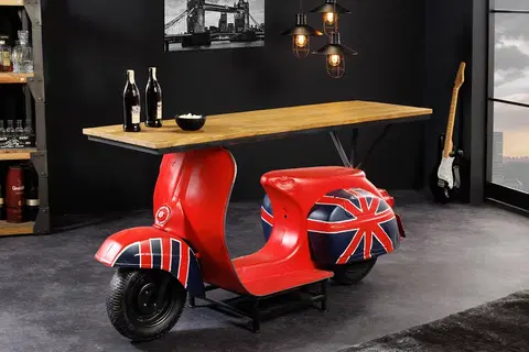 Luxusní barový nábytek Estila Moderní barový pult London z masivního dřeva s podstavou ve tvaru motocyklu s motivem Anglie 174cm