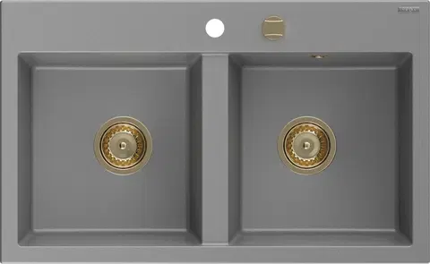 Sifony k pračkám MEXEN/S Hektor granitový dřez 2-bowl 800 x 480 mm, šedá, zlatý sifon 6521802000-71-G