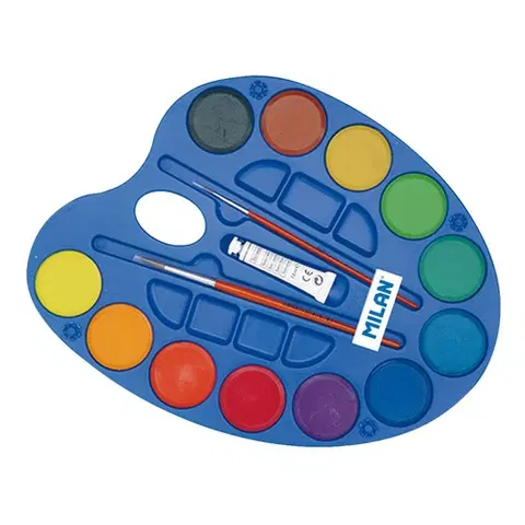 Hračky MILAN - Barvy vodové - 12 barev, 45 mm + 2 x štětec + 1 bílá barva