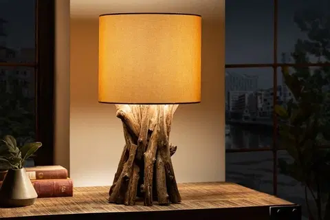 Luxusní a designové stolní lampy Estila Venkovská stolní lampa Missle z přírodního teakového dřeva s kulatým béžovým stínítkem 50cm