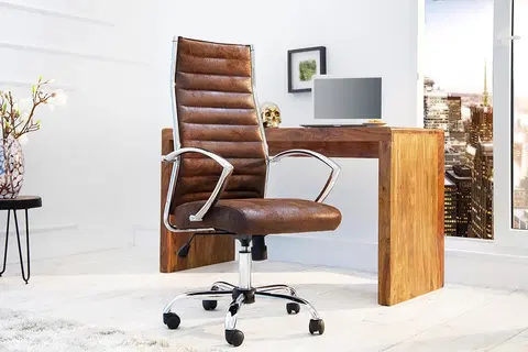 Designové a luxusní židle do pracovny a kanceláře Estila Moderní kancelářská židle Big Deal v hnědé antické barvě s kovovou konstrukcí a nastavitelnou výškou 107-117cm