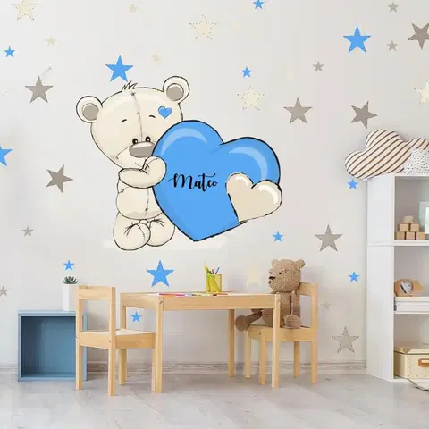 Samolepky na zeď Samolepka do pokoje pro kluka v modrém - Medvídek se jménem a srdíčkem