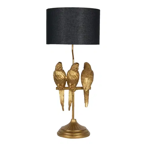 Lampy Zlatá lampa s dekorací papoušků s černým stínidlem – Ø 33*79 cm E27/max 1*60W Clayre & Eef 5LMC0006