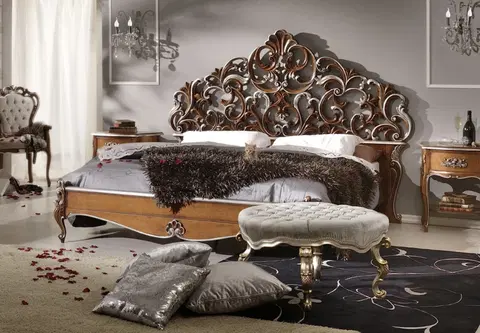 Luxusní a stylové postele Estila Rustikální masivní manželská postel Belladonna s ornamentálním vyřezávaným čelem 180x200cm