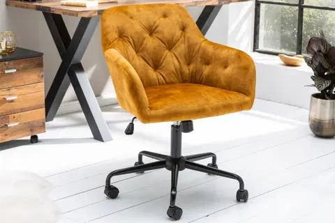 Designové a luxusní křesla do pracovny a kanceláře Estila Chesterfield sametová kancelářská židle Berthe na kolečkách v žlutém potahu 89cm