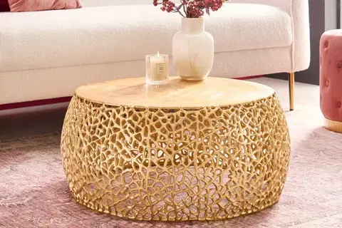 Designové a luxusní konferenční stolky Estila Designový kulatý konferenční stolek Hoja s kovovou konstrukcí zlaté barvy 75cm