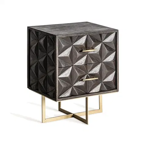 Designové a luxusní noční stolky Estila Luxusní art-deco noční stolek Oxalis se dvěma šuplíky a ozdobným reliéfním vyřezáváním tmavá čokoládová hnědá 55 cm