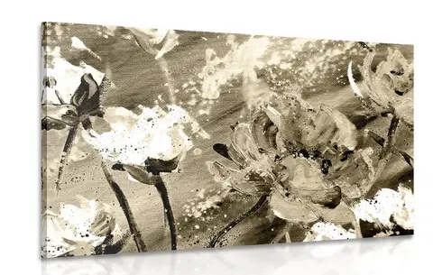 Černobílé obrazy Obraz malované květy v sépiovém provedení