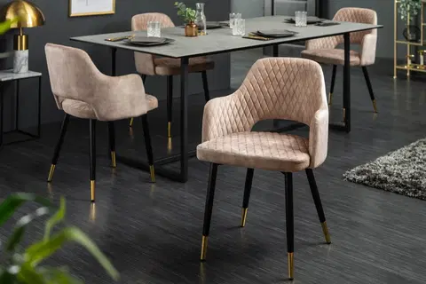 Luxusní jídelní židle Estila Art-deco židle Fribourg s béžovým sametovým potahem a černo-zlatými nohama