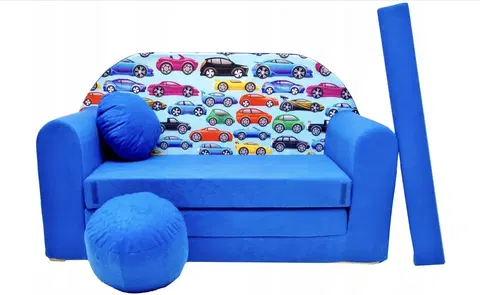 Dětské sedačky Dětská modrá rozkládací pohovka s barevnými autíčky 98 x 170 cm