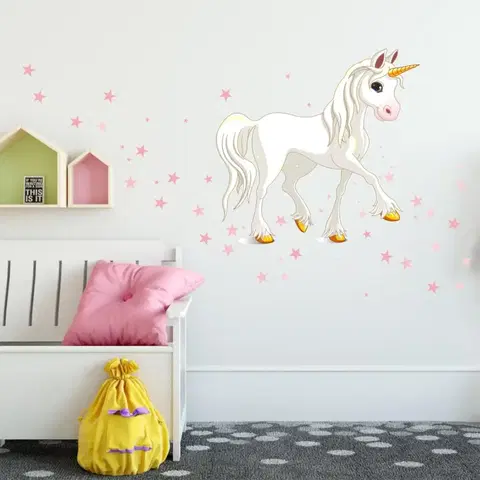 Samolepky na zeď Samolepky na zeď pro holčičky - Bílý jednorožec s růžovými hvězdami