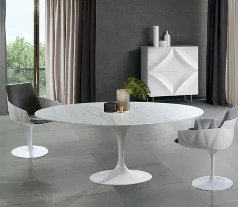 Designové a luxusní jídelní stoly Estila Luxusní kulatý jídelní stůl Henning Marble z mramoru s lesklou bílou podstavou 200cm