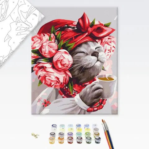 Zvířata Malování podle čísel kočka se šálkem čaje