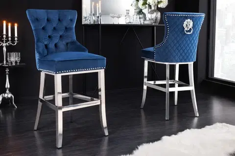 Luxusní jídelní židle Estila Sametová barokní barová židle Modern Barock v tmavě modré barvě na nerezových nožičkách 116cm