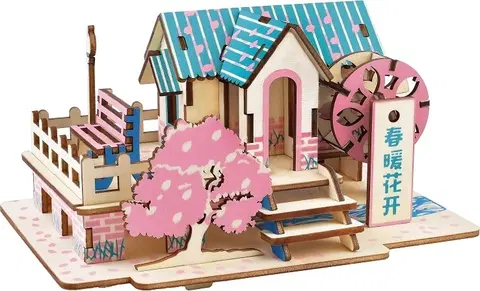 3D puzzle Woodcraft construction kit Dřevěné 3D puzzle Jarní dům modro-růžové