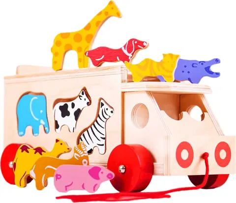 Živé a vzdělávací sady Bigjigs Toys Dřevěné auto se zvířátky LUPOS hnědé