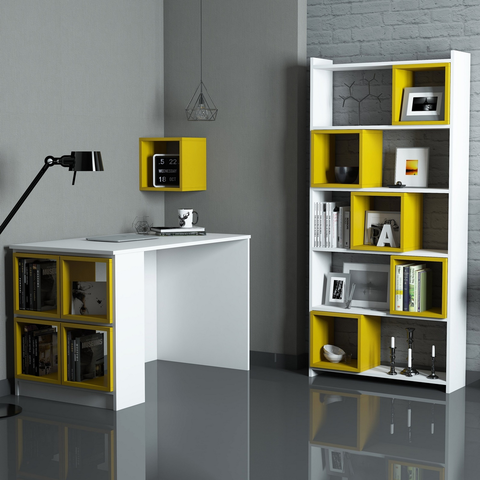 Kancelářské a psací stoly Psací stůl a knihovna BOX bílá žlutá