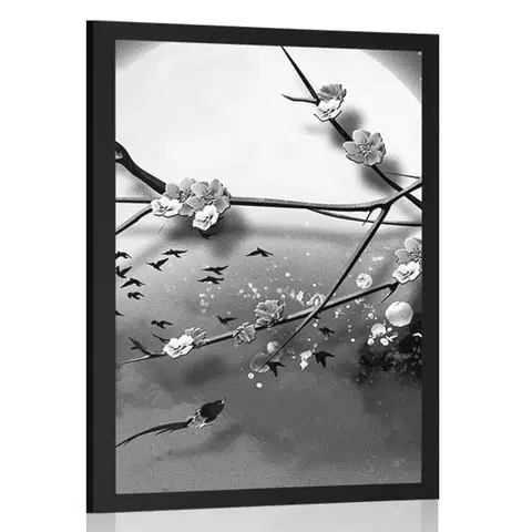 Černobílé Plakát větve stromu za úplňku měsíce v černobílém provedení