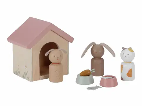 Hračky panenky LITTLE DUTCH - Sada domácích mazlíčků do domečku pro panenky dřevěná