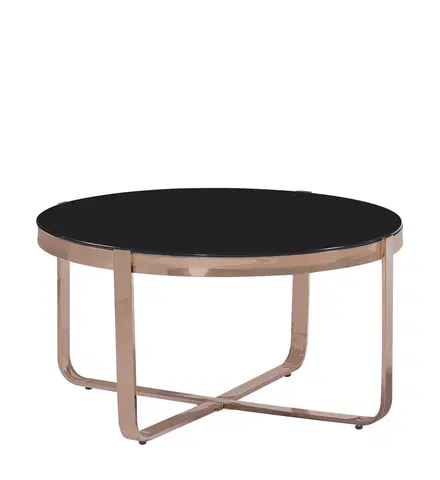 Designové a luxusní konferenční stolky Estila Art-deco kulatý konferenční stolek Brilia s kovovou rose gold konstrukcí a černým temperovaným sklem 80cm