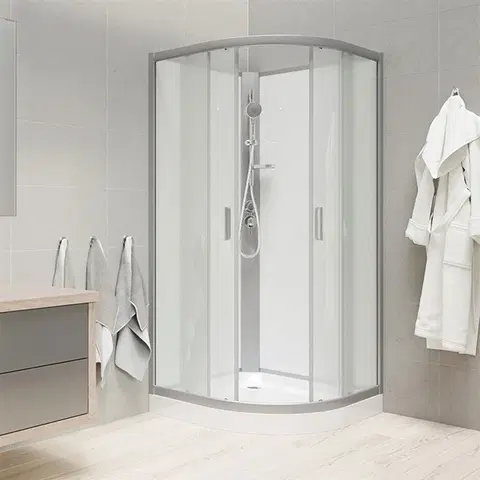 Sprchové vaničky MEREO Sprchový box, čtvrtkruh, 90 cm, satin ALU, sklo Point, zadní stěny bílé, SMC vanička, bez stříšky CK35122KBW