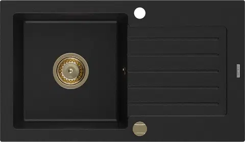 Sifony k pračkám MEXEN/S Pablo granitový dřez 1-miska s odkapávačem 752 x 436 mm, černý, zlatý sifon 6510751010-77-G