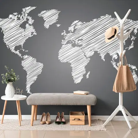Samolepící tapety Samolepící tapeta šrafovaná mapa světa v černobílém provedení
