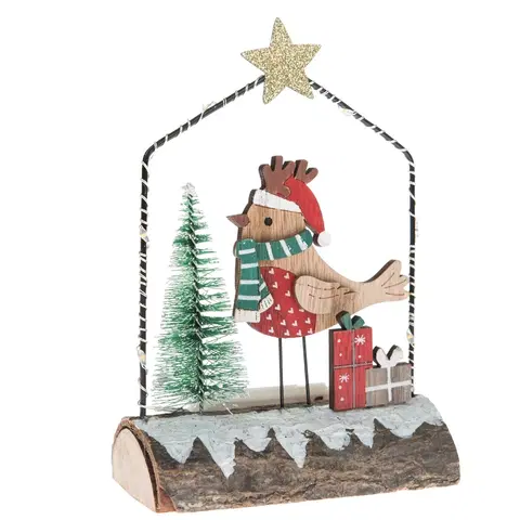 Vánoční dekorace Dřevěná dekorace s LED světlem Ptáček s dárky, 15 x 13,5 cm