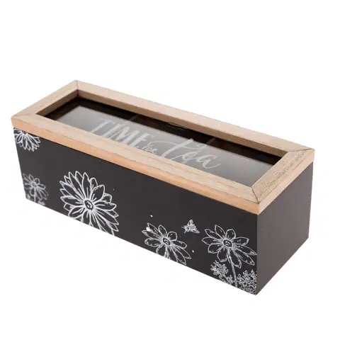 Příslušenství pro přípravu čaje a kávy Dřevěný box na čajové sáčky Meadow flowers černá, 23 x 8 x 8 cm