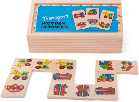 Živé a vzdělávací sady Bigjigs Toys Dřevěné domino dopravní prostředky DOMIN hnědé