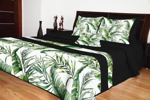 Přehozy na postel 3D s barevným potiskem Prošívaný přehoz černo bílé barvy s listy