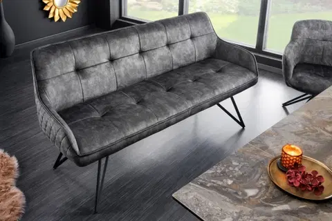 Stylové a luxusní lavice Estila Designová lavice Dunelon s tmavě šedým sametovým potahem a černýma nohama z kovu 160cm