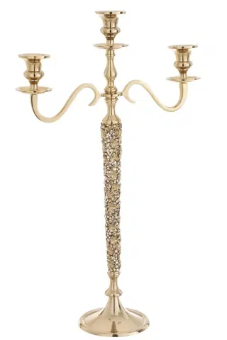 Svícny Zlatý kovový svícen na 3 svíčky se zdobením a kamínky Luxy - 40*16*65cm J-Line by Jolipa 7803