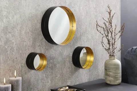 Luxusní a designová zrcadla Estila Designový art deco set tří nástěnných zrcadel Patagonia s kulatým kovovým rámem zlaté a černé barvy