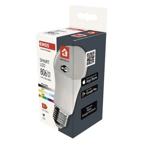 LED žárovky EMOS Chytrá LED žárovka GoSmart A60 / E27 / 9 W (60 W) / 806 lm / RGB / stmívatelná / Wi-Fi ZQW514R