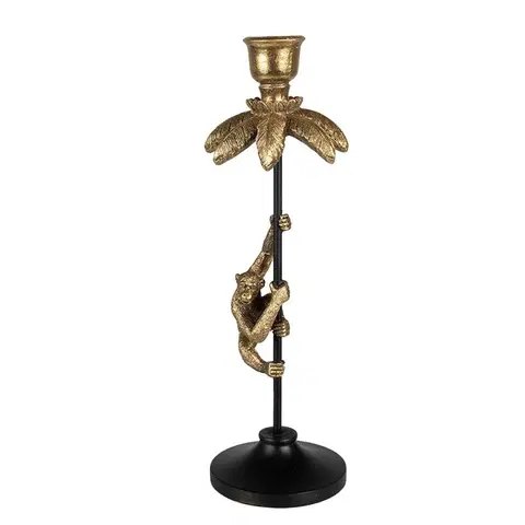 Svícny Černo - zlatý antik svícen ve tvaru palmy s opičkou Monkey - Ø 11*32 cm Clayre & Eef 65147