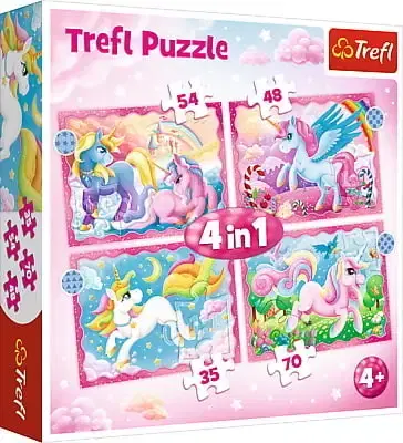 Hračky puzzle TREFL - Puzzle 4v1 - Jednorožci a kouzla