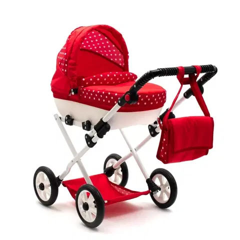 Hračky panenky NEW BABY - Dětský kočárek pro panenky COMFORT červený s puntíky