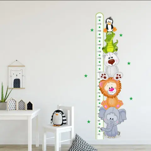 Samolepky na zeď Samolepky do dětského pokoje - Zelený metr s barevnými zvířátky (180 cm)