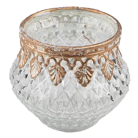 Svícny Skleněný svícen na čajovou svíčku se zdobením - Ø 8*6 cm Clayre & Eef 6GL3990
