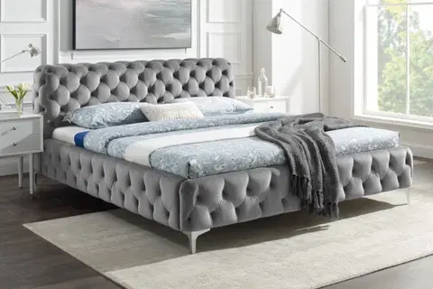 Luxusní a stylové postele Estila Chesterfield čalouněná manželská postel Modern Barock s šedým sametovým potahem 160x200