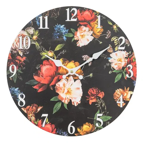 Hodiny Černé nástěnné vintage hodiny s květy – Ø 34*4 cm / 1*AA Clayre & Eef 6KL0760