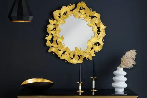Luxusní a designová zrcadla Estila Glamour kulaté nástěnné zrcadlo Ginko ve zlatém provedení s ozdobným kovovým rámem z listů jinanu 70cm
