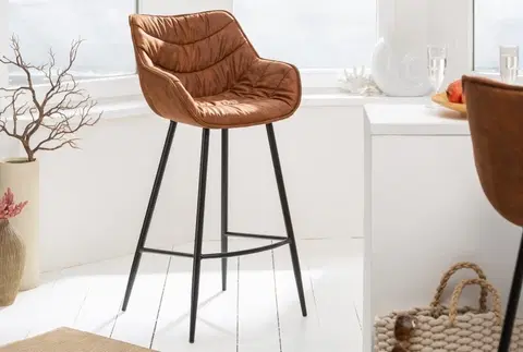 Luxusní barový nábytek Estila Retro barová židle Ima s hnědým čalouněním na černé konstrukci 104cm
